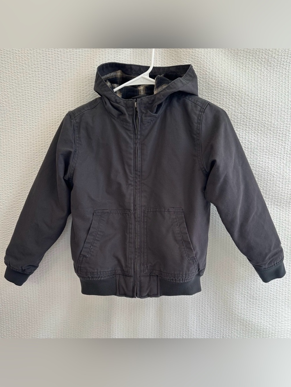 OLD NAVY Boys Gray Hooded Workwear Jacket Plaid Fleece Lined Full Zip Size 8